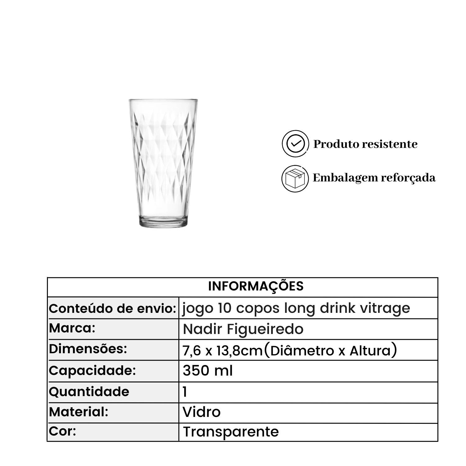 Jogo De Copos Vitrage 350Ml Nadir 6 Peças - Vidro