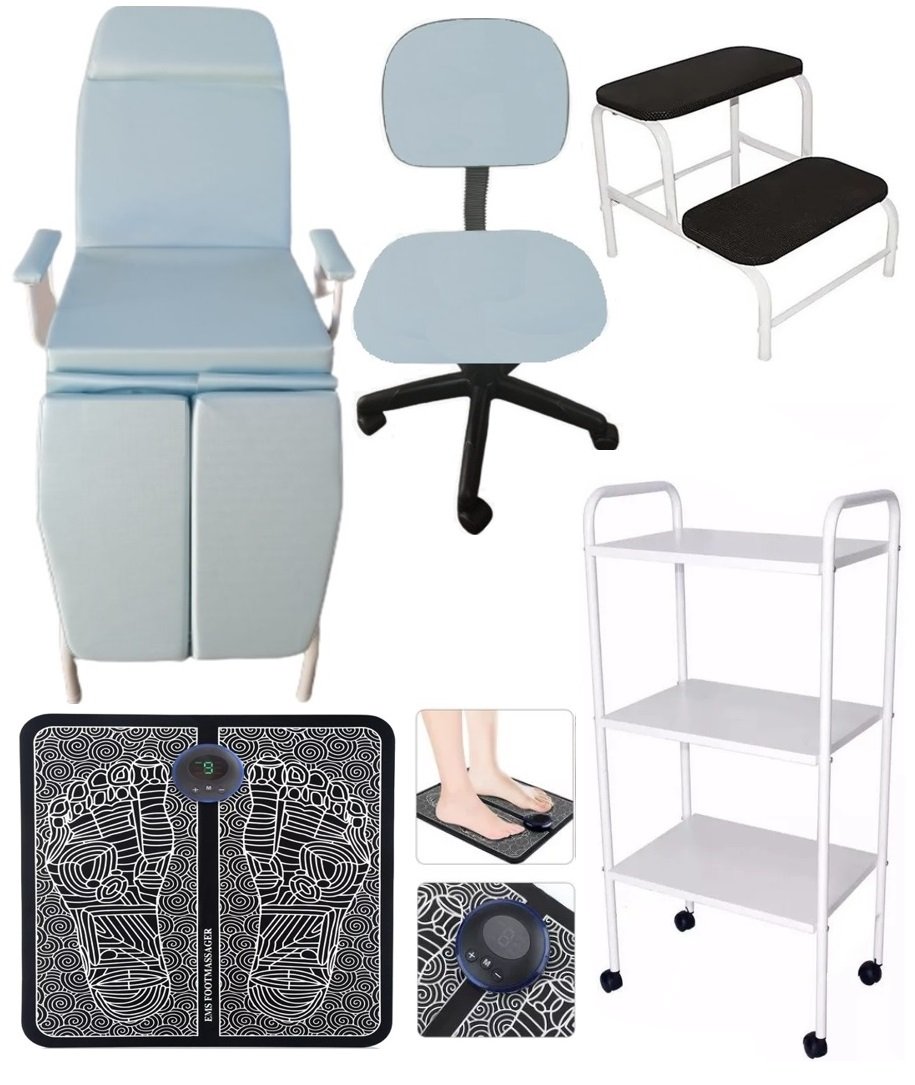 Cadeira de Podologia Mocho Carrinho Escada Massageador Kit Fiscomed Cadeira de Podologia Kit