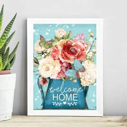Quadro Welcome Home - Flores e Borboleta 33x24cm:madeira Branca - 1