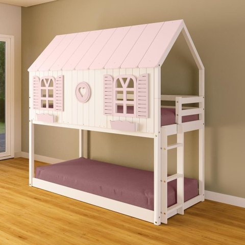 Beliche Montessoriano Casinha Bela com Coração - Madeira Maciça Branco/Rosa | Housin