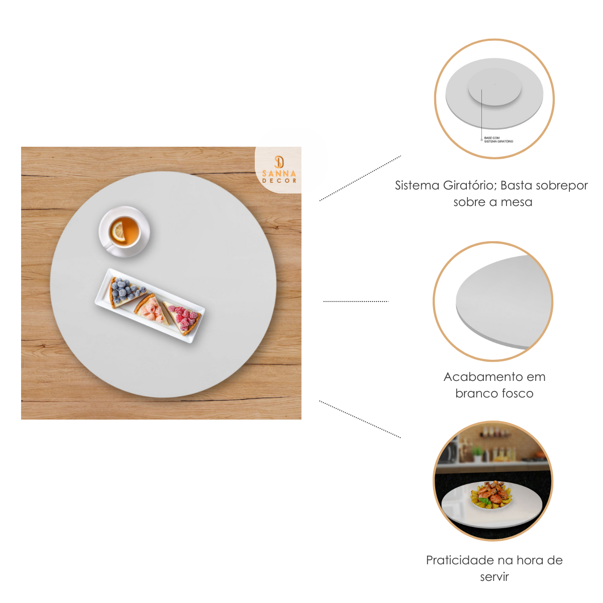 Prato Giratório para Servir Sobrepor Servir Mesa de Jantar Branco 70 Cm - 5