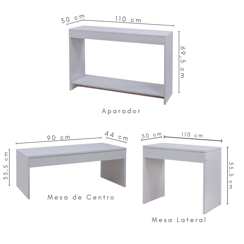 Conjunto para Sala de Estar em Madeira com 03 Peças Cor Branco - 7