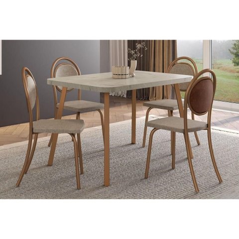 Conjunto: Mesa Sala Jantar Stellar 1598 Aço c/ Tampo Madeirado 120x80cm e 4 Cadeiras 1738 Rose/