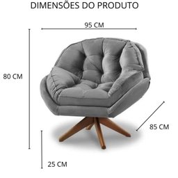Poltrona Decorativa Califórnia Base de Madeira Giratória Veludo Cinza - 4