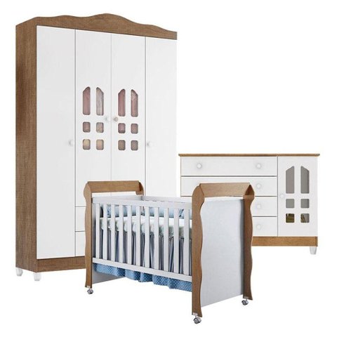 Quarto de Bebê New Selena 4 Portas com Cômoda Gran Selena e Berço Mirelle Branco Amadeirado