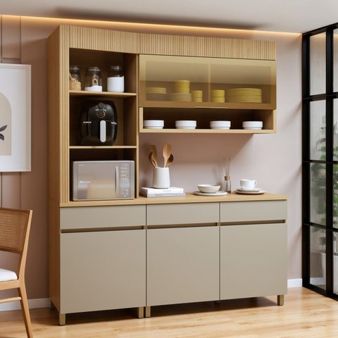 Cozinha Completa Modulada 3 Peças 4 Portas 3 Gavetas Torre Angular 100% MDF Realeza Premium Bege/Carvalho/Greige