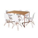 Ver imagem 2 de Mesa Jantar Industrial Retangular 137x90cm Canela Base V c/ 6 Cadeira Eames Eiffel Brancas Base Cobr