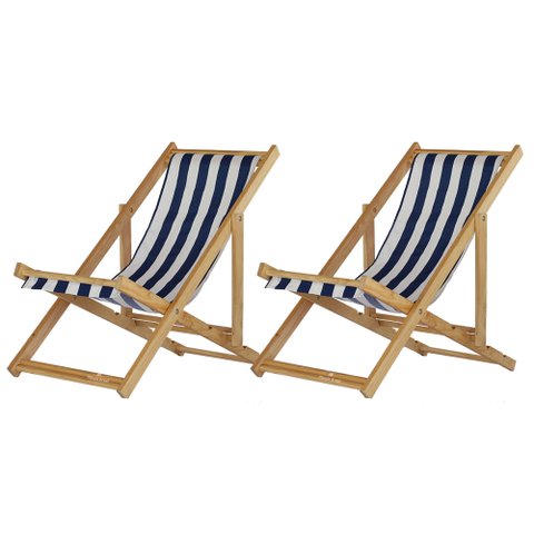 Conjunto 2 Espreguiçadeiras Preguiçosa Dobrável sem Braço Madeira Maciça Tecido Listrado Azul e Bran