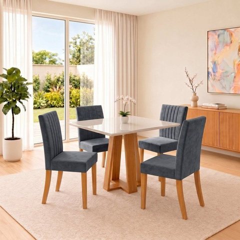 Conjunto Sala de Jantar Mesa Lisa 90cm com Tampo MDF e Vidro Canto Reto 4 Cadeiras Lily