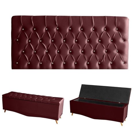 Kit Estrela Cabeceira de Cama Painel e Calçadeira Baú Botão Cristal King 195 Cm Suede Bordo do Lar M