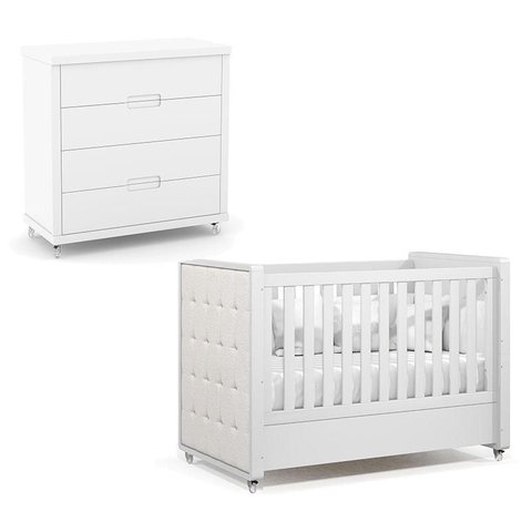 Berço Americano com Capitonê New Boucle e Cômoda Gaveteiro Infantil Tutto New Branco Acetinado - Mat