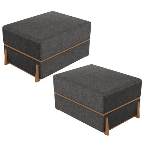 Kit 02 Puffs Decorativo Retangular para Sala de Estar Domus L02 Linho Cinza Escuro - Lyam Decor