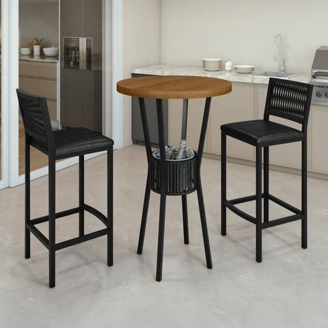 Conjunto Bistrô Mesa Redonda com 2 Banquetas Madeira Maciça e Aço Barcelona Preto/Nature