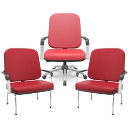 Kit Cadeira de Escritório Giratória e 2 Cadeiras Fixas Cromada Magno P03 Vinil Vermelho - Lyam Decor - 1