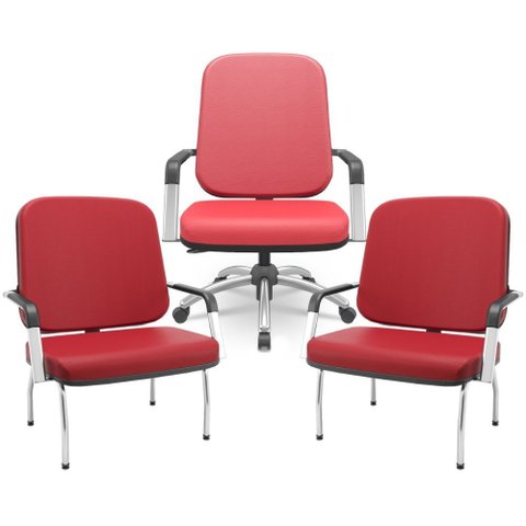 Kit Cadeira de Escritório Giratória e 2 Cadeiras Fixas Cromada Magno P03 Vinil Vermelho - Lyam Decor