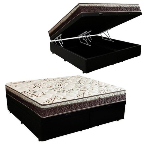 Cama Box com Baú Casal Elegance Euro Pillow Espuma Courino Preto 138cm