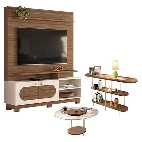 Estante Home Theater Axis Castanho Off White com Mesa de Centro Sky com Tampo de Vidro e Aparador