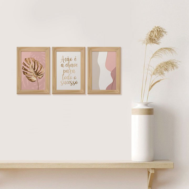 Kit 3 Quadros Decorativos com Moldura Frases Folha Dourada | MadeiraMadeira