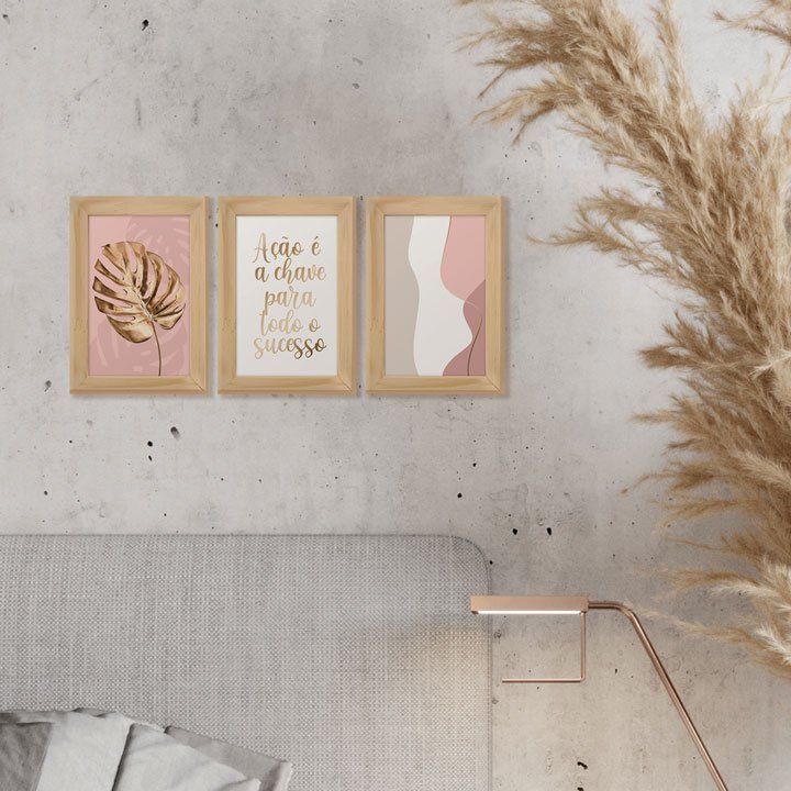 Kit 3 Quadros Decorativos com Moldura Frases Folha Dourada | MadeiraMadeira