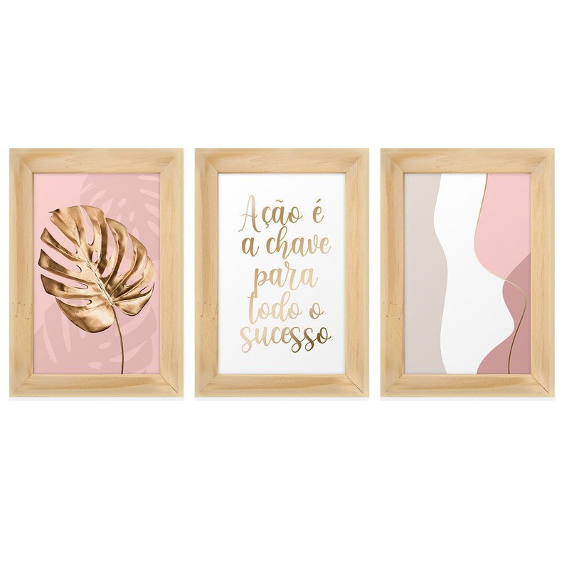 Kit 3 Quadros Decorativos com Moldura Frases Folha Dourada | MadeiraMadeira