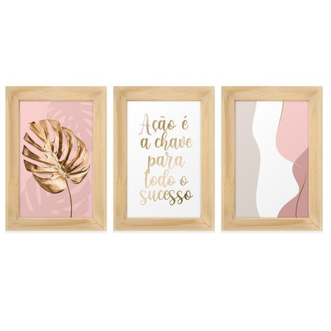 Kit 3 Quadros Decorativos com Moldura Frases Folha Dourada