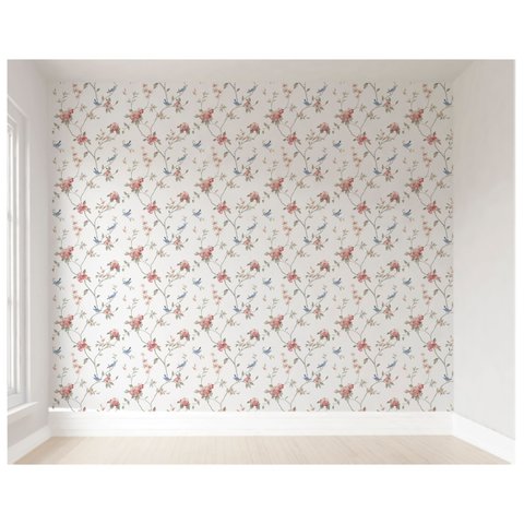 Papel de Parede Flores Pássaros Delicado Menina Rolo 3m
