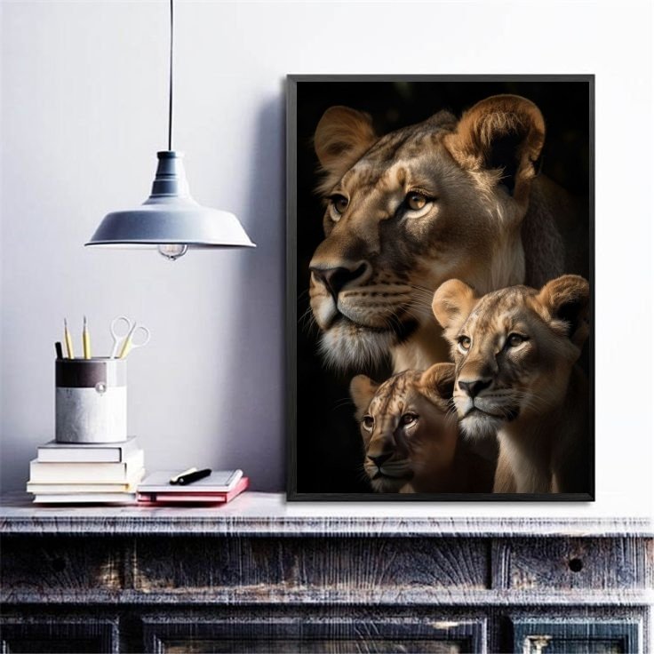 Quadro Decorativo Leoa com Filhotes 33x24cm:madeira Preta - 1