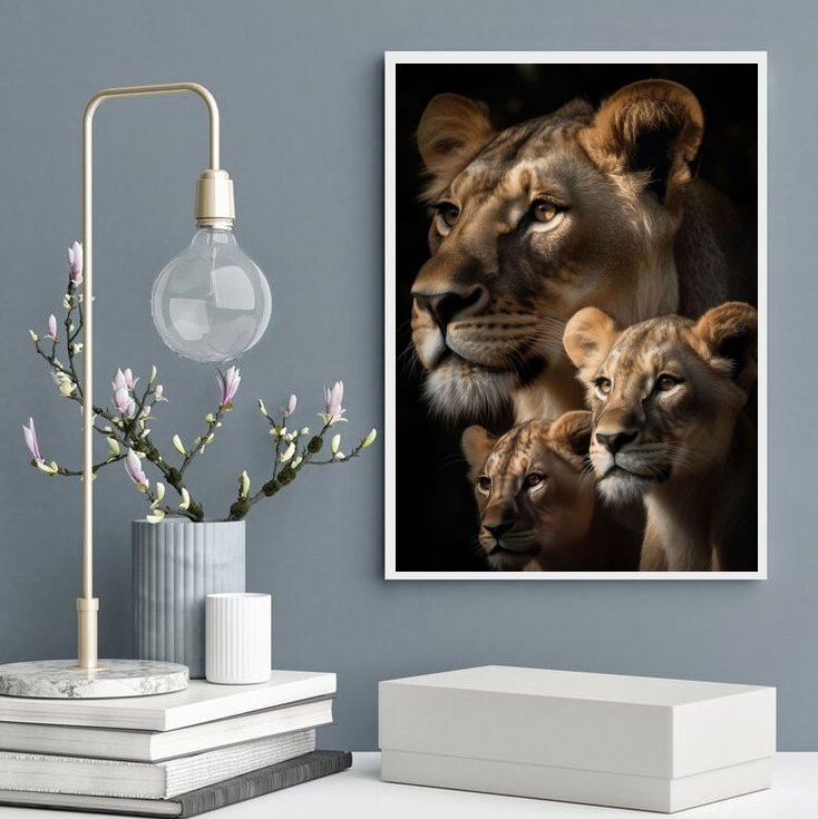 Quadro Decorativo Leoa com Filhotes 33x24cm:madeira Preta - 2