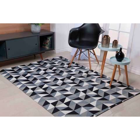 Tapete 3,00m X 2,00m Sala Tecido Jacquard Antiderrapante Geométrico - Ladrilhado Preto