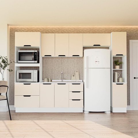 Cozinha Meena 5 Peças Armários Aéreos Torre Quente Paneleiro Balcão Rodapé Branco/Creme 250062