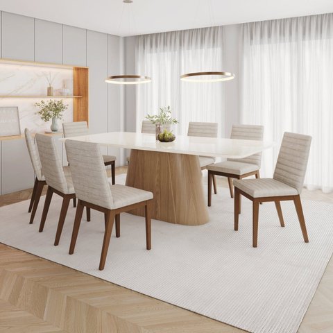 Conjunto Mesa Olívia 200cm com Vidro 08 Cadeiras Elena Marrom/Nature/Off White/Bege