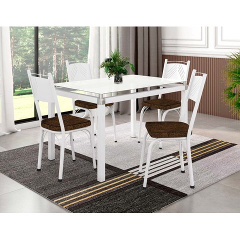 Conjunto de Mesa Tubular Malva Branco Tampo de Vidro 107cm com 4 Cadeiras 151 Assento Imbuia Artefam
