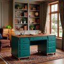 Ver imagem 2 de Escrivaninha Linz 7 Gavetas 80 X 176 X 50 Cm (a X L X P) Cor Verde Musgo - Imbuia Glazer