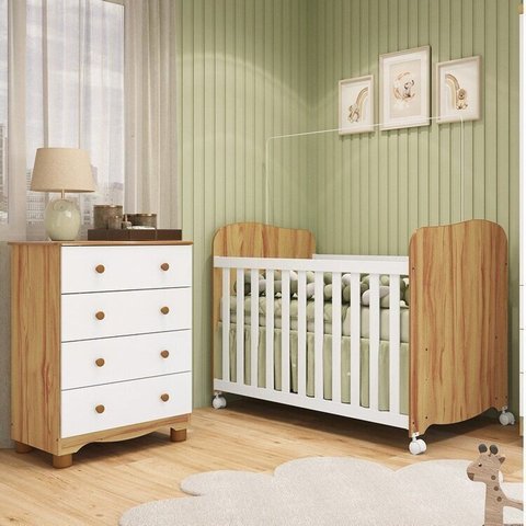 Quarto de Bebê Cômoda 4 Gavetas e Berço 100% MDF Mimo Espresso Móveis Branco Brilho/Amêndoa