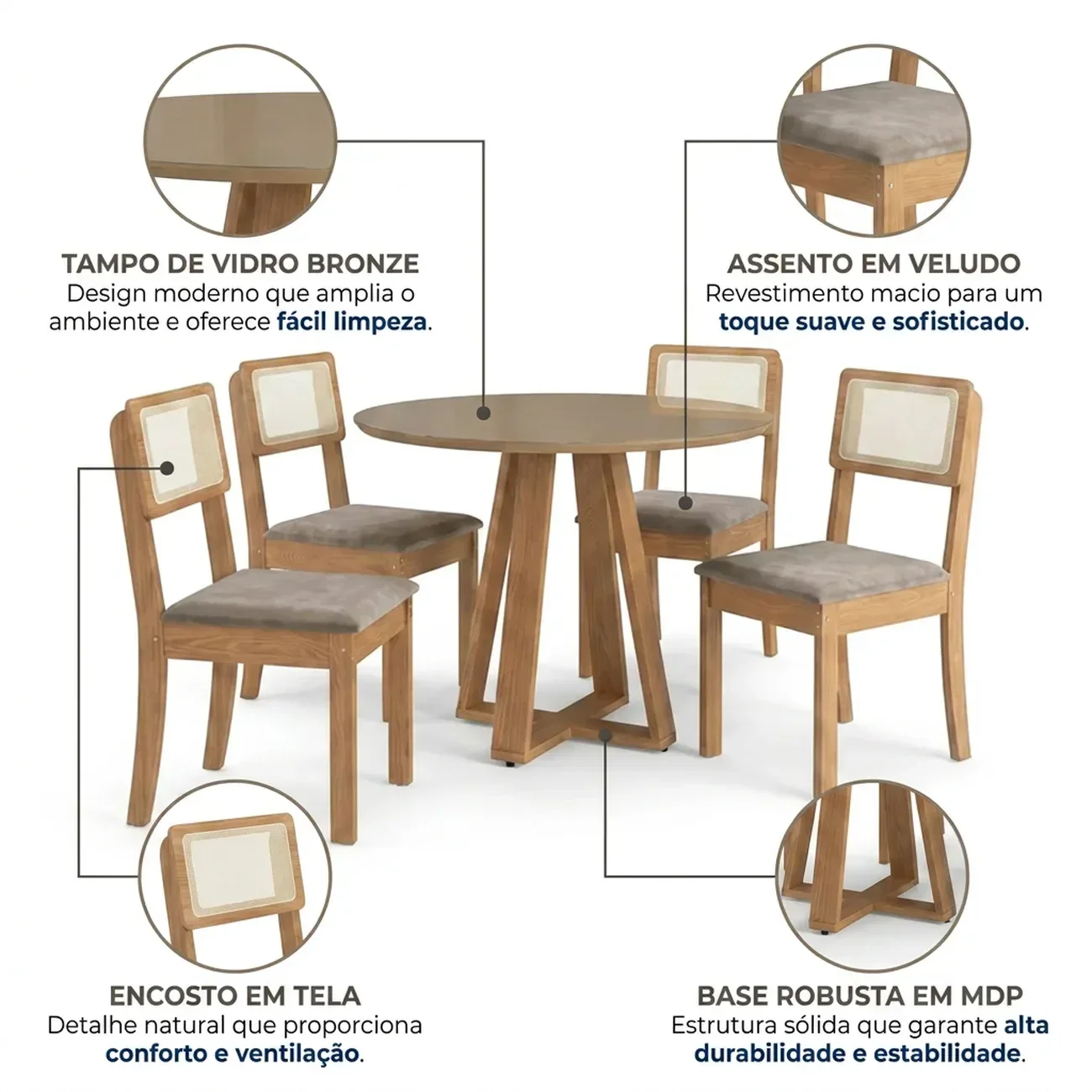 Ver imagem 4 de Conjunto Sala de Jantar Mesa Pilar 4 Cadeiras Gardeni Tampo Vidro 105cm Marrom/Canela/Freijo/Bronze/Bege