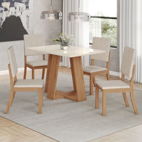 Conjunto Sala Jantar Mesa Lins 120 cm Canto Reto com Vidro 4 Cadeiras Milla Henn