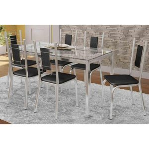 Conjunto: Mesa de Cozinha Reno c/ Tampo de Vidro 150cm + 6 Cadeiras Florença Cromada - Assento