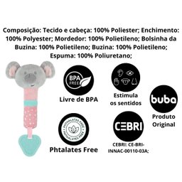 Mordedor com Chocalho Buzininha Buba Coala Rosa Brinquedos para Bebê Pelúcia - 3