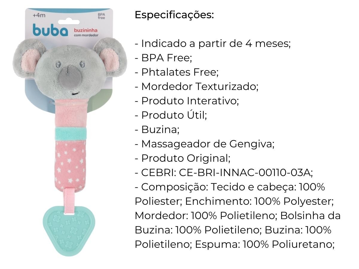 Mordedor com Chocalho Buzininha Buba Coala Rosa Brinquedos para Bebê Pelúcia - 9