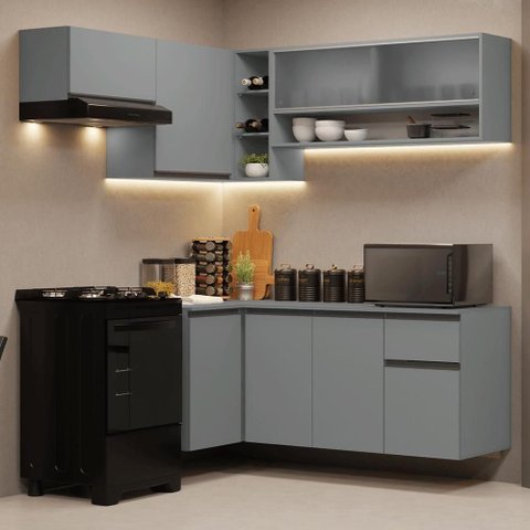 Armário de Cozinha Completa de Canto Suspenso 325cm Nice Madesa 01 Cinza