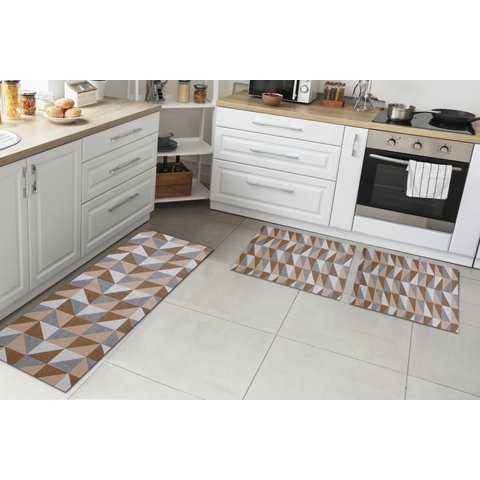 Kit Tapetes e Passadeira De Cozinha 3 Peças Antiderrapante Ladrilhos Caramelo e Cru