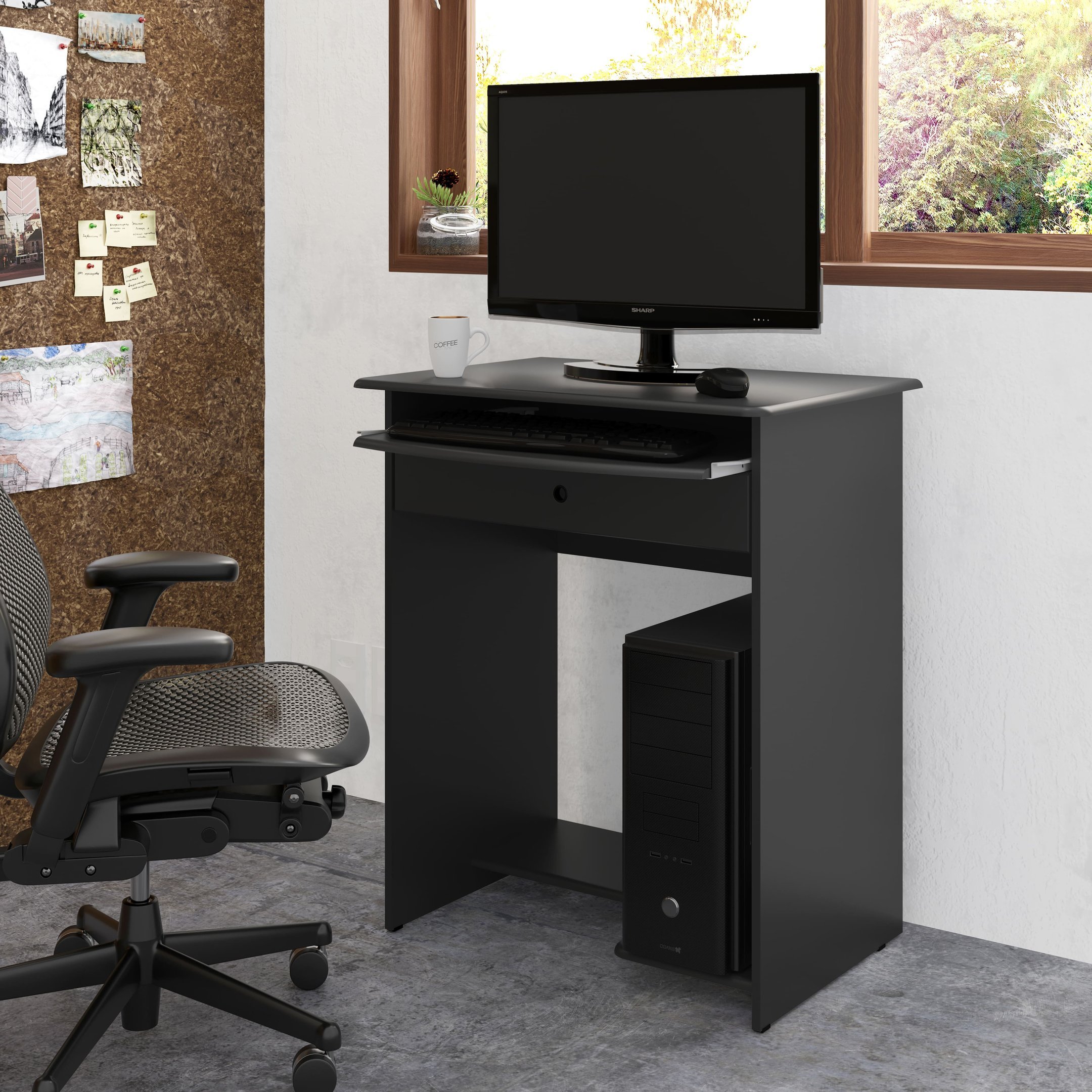 Escrivaninha EJ Móveis Mesa de computador prática com gaveta:Black - 2