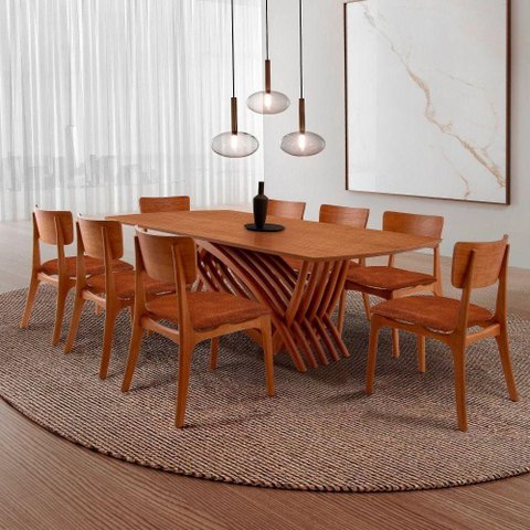 Conjunto de Jantar Venus 8 Lugares Tampo MDF Cadeiras Estofadas Imbuia 220cm Moderna