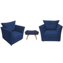 Ver imagem 1 de Kit 2 Poltronas Decorativa Isis + Puff Retangular Suede Azul Marinho Pés Madeira Ms Decor