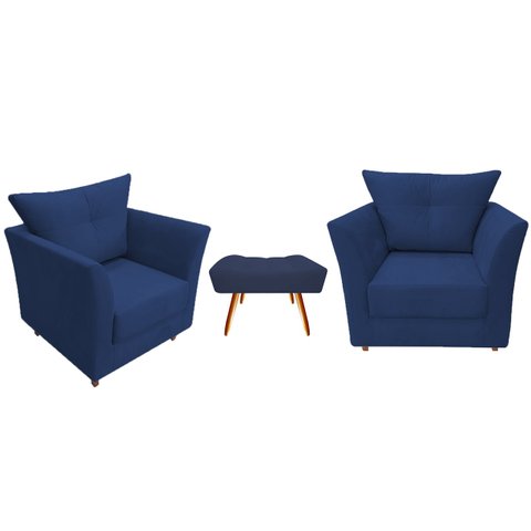 Kit 2 Poltronas Decorativa Isis + Puff Retangular Suede Azul Marinho Pés Madeira Ms Decor