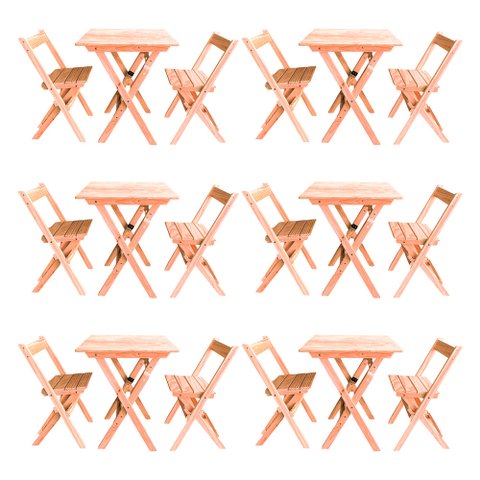 Kit 6 Conjuntos Mesa Dobrável para Bar e Restaurante 60x60cm com 2 Cadeiras em Madeira Maciça - Cru