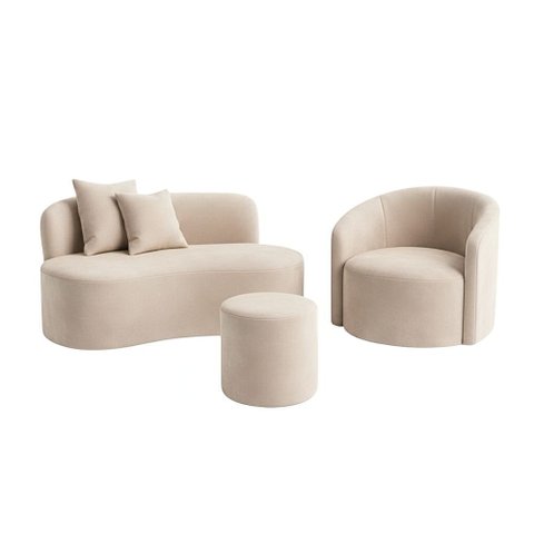 Conjunto 01 Poltrona + Sofá e 1 Puff Curvo Orgânico Nature Gaia Veludo Bege - Montanaris Decor