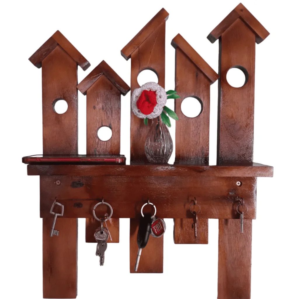 Ver imagem 1 de Chaveiro de Parede Porta Chave Casinhas Nicho Madeira Cor Imbuia