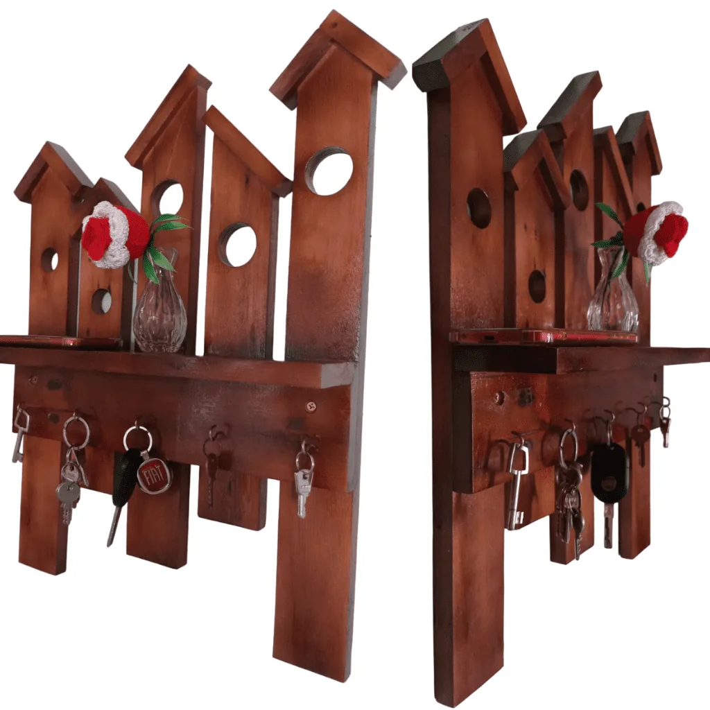 Ver imagem 2 de Chaveiro de Parede Porta Chave Casinhas Nicho Madeira Cor Imbuia