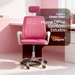 Cadeira Escritório Diretor Tela Mesh com Encosto de Cabeça - Rosa + E-book - 3